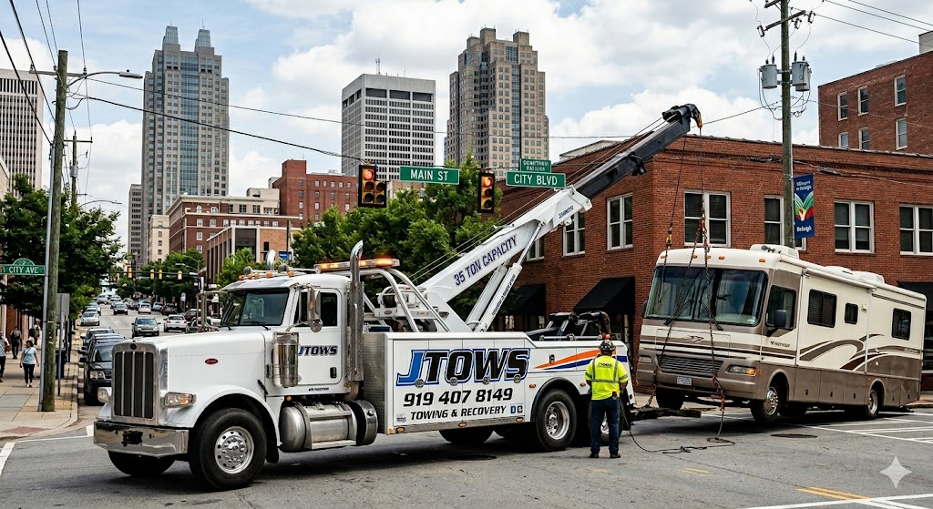 JTOWS towing a motorhome in the city
