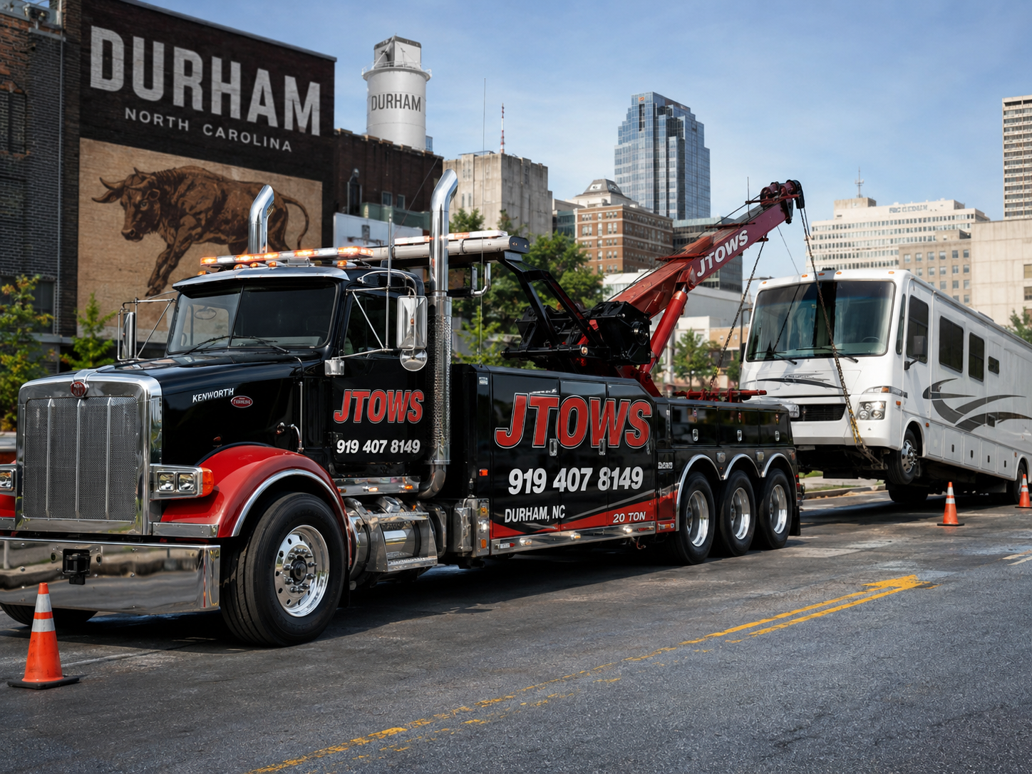 JTOWS heavy-duty truck moving a large motorhome
