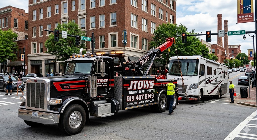 JTOWS recovering a motorhome on a downtown street
