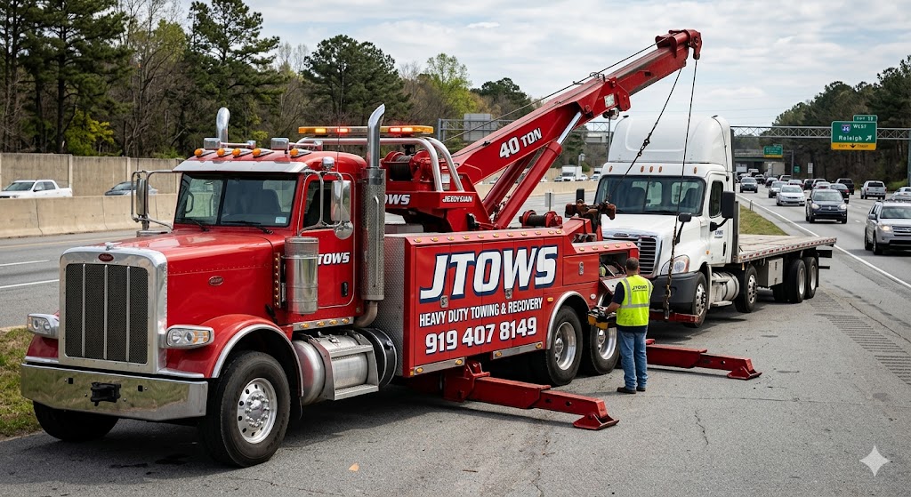 JTOWS heavy-duty wrecker towing a semi truck on the highway