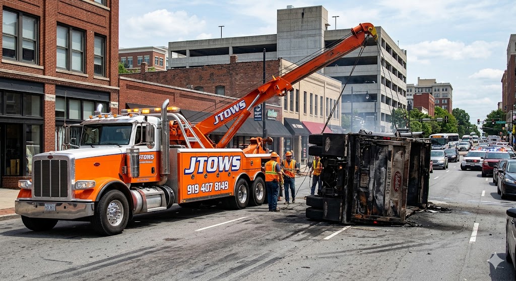 JTOWS heavy-duty wrecker on a downtown commercial recovery scene